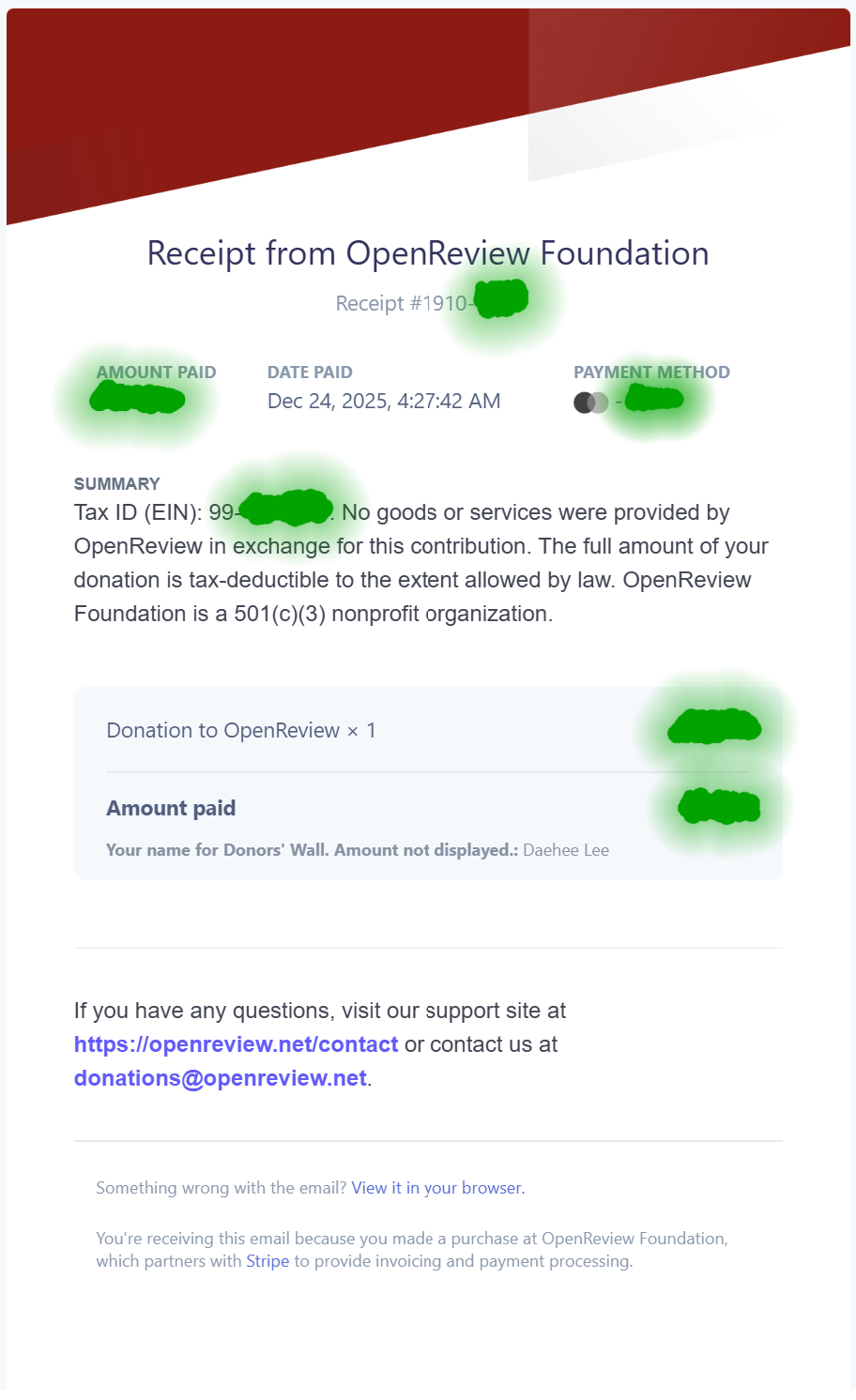 OpenReview donation receipt